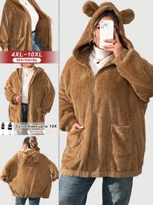 SHEIN CURVE+ Autumn And Winter Warm Plush Hoodie Cute Bear Ears Large Plush Jacket Coat Christmas Fall