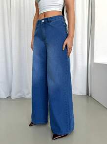 SHEIN Essnce Women Casual Heart Lace Trim Distressed Wide Leg Jeans - Blue - View 2