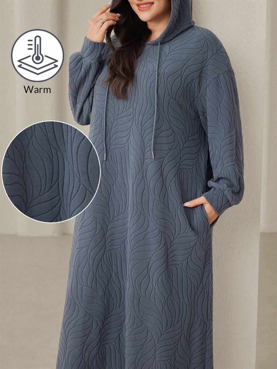 Mulvari Đầm chui đầu có mũ trùm đầu thường ngày cỡ lớn dành cho nữ có túi, tay dài, mùa thu đông - Màu xanh bụi bặm - Xem 1