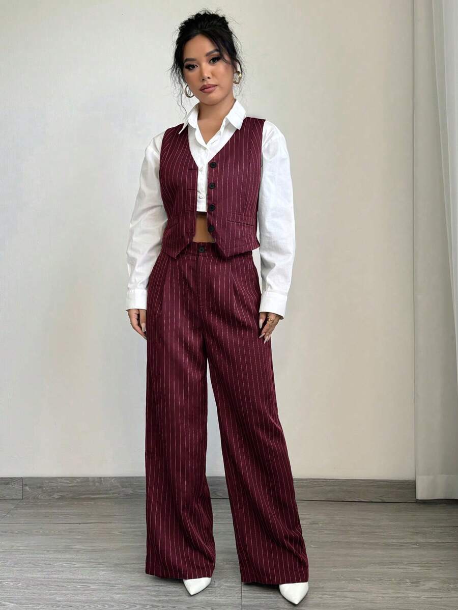 Elenzga 1set Women Casual Striped Blazer Vest + Women Casual Suit Pants - Burgundy - View 1