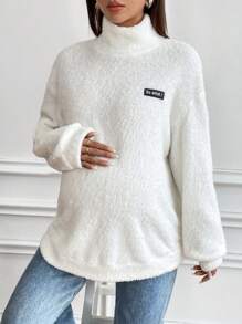 SHEIN Sudadera deportiva casual de maternidad de manga larga con cuello alto y decoración esponjosa de etiqueta, para invierno