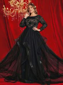 SHEIN Belle Plus Size Gothic Style Layered Ruffle Trim Black Lace And Mesh Informal Wedding Dress, Formal Evening Gown, Prom Dress, For Wedding Guest, Graduation, Dinner - Black - View 5