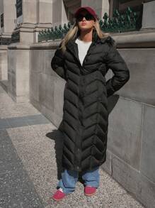 SHEIN Cottnline FUR DETAILED EXTRA Long Overcoat For Ladies Winter - Black - View 6