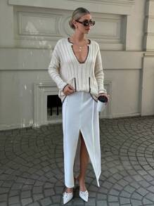 Damski głęboki dekolt w serek, kieszeń z przodu, ręcznie szyty, fajny sweter Czy