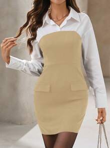 SHEIN Unity Nuevo vestido de manga larga con cremallera a media altura y cintura ceñida 2 en 1 de estilo casual y elegante de oficina en blanco y negro para otoño/invierno 2024 (cómodo 100% algodón) - Multicolor - Ver 4