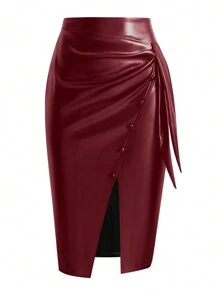Plus Size Solid Color Wrap Front Split Skirt, Autumn
