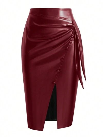 Plus Size Solid Color Wrap Front Split Skirt, Autumn