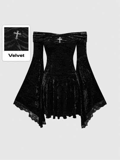 Goth Women Off Shoulder Front Ruched Cross Pendant Flare Sleeve Contrast Lace Velvet Vintage Dress, For New Year