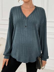 SHEIN Maternity V-Neck Ribbed Casual Long Sleeve T-Shirt - Dusty Blue - View 5