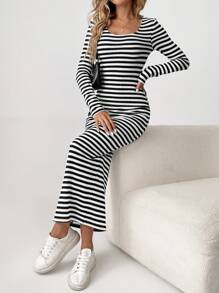 SHEIN Tall Women's Round Neck Striped Long Dress For Autumn & Winter - Black and White - View 7