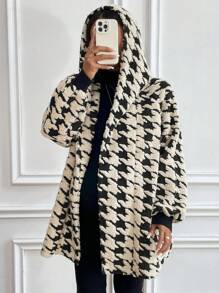 SHEIN 孕妇拉链连帽泰迪熊衬里绗缝长袖外套，适合孕妇 - 藍色 - 查看 4