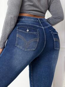 SHEIN CURVE+ 大码性感紧身弹力喇叭牛仔裤，蓝色