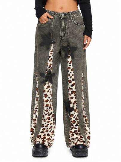Grunge Punk Jeans mit Leoparden-Muster Patchentasche, lässig und vielseitig