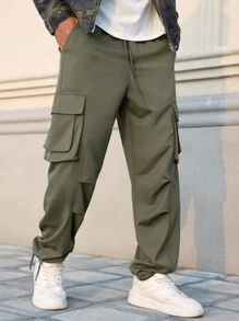 Manfinity Streetrush Casual Straight Leg Multi-Pocket Loose Pants, Street Fashion Trousers, Cargo Pants, Boyfriend Gifts