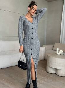 SHEIN Privé Women's Gray Cable Knit Open Front Long Sleeve Maxi Sweater Dress - Grey - View 1
