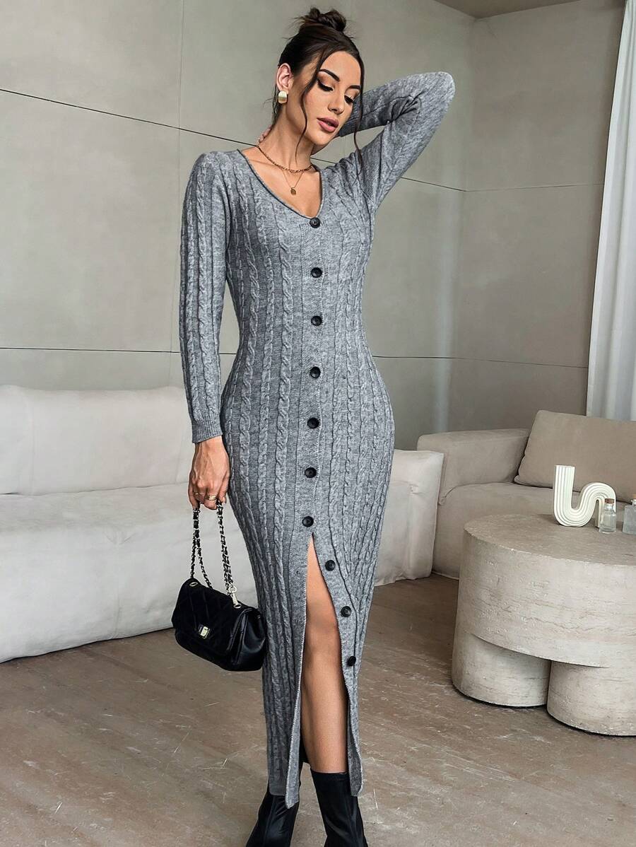 SHEIN Privé Women's Gray Cable Knit Open Front Long Sleeve Maxi Sweater Dress - Grey - View 1