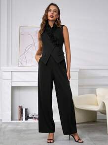 Ellevyn 2pcs Women Ruffle Collar Vest & Pants Set Two Pieces Fall Sets - Black - View 4