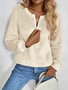 SHEIN LUNE Áo hoodie nỉ trơn màu đơn giản có khóa kéo cho nữ, tay dài cho mùa thu/đông - Màu be - Xem 4