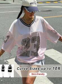 SHEIN CURVE+ Camiseta de mujer de talla grande con estampado rosa de malla - Rosa - Ver 1