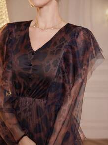 Modelyn Women's Long Leopard Print Ruffled Hem Mesh Overlay Elegant Dress Long Evening Dresses - Multicolor - View 4