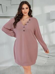 Plus Size Solid Color Casual Waffle Pattern Decorative Button Long Sleeve Nightgown - Pink - View 3