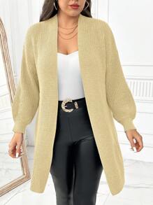 SHEIN LUNE Plus Size Casual Solid Color Drop Shoulder Plus Size Cardigan, Autumn/Winter - Khaki - View 3