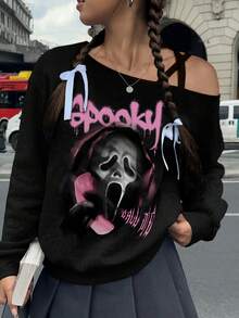 SHEIN EZwear Áo thun dài tay thoải mái thường ngày dành cho nữ có họa tiết bộ xương in Graffiti, dây đeo chéo, cổ tay chun, màu hồng - màu đen - Xem 3