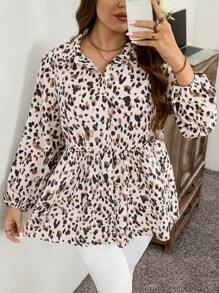 SHEIN LUNE Plus Size Women Polka Dot Pattern Lantern Sleeve Loose Waist Patchwork Design Casual Shirt, Autumn Thanksgiving Shirt Holiday Outfit - Multicolor - View 8