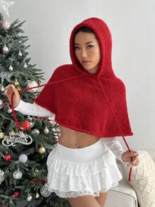 Lunelith SHEIN Lunessa Christmas Casual Solid Color Hooded Cropped Poncho Sweater