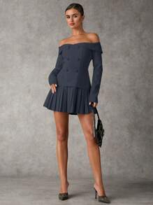 SHEIN BAE 女士露肩褶皱纯色连衣裙秋季婚礼宾客礼服冬季女士连衣裙秋季女士连衣裙商务女装茶会连衣裙工作女士连衣裙 - 深灰色 - 查看 1