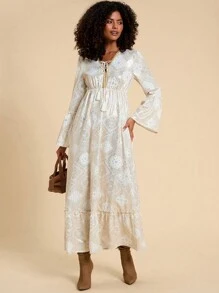 Travachic Vestido Flare de Manga Longa com Folha Metálica Trançada para Mulheres, Ideal para Férias - Branco - Visão 5