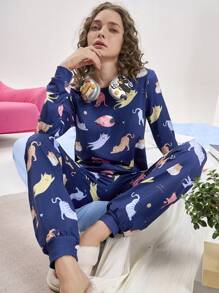Chillnights All Over Animal Print Long Sleeve Top And Long Pants Women Pajama Set