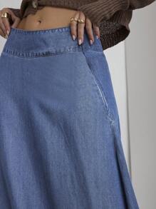 COSMINA Denim 女士纯色口袋设计长款休闲牛仔半身裙 - 中等水洗藍 - 查看 6