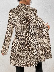 SHEIN Clasi 女式豹纹长袖前开襟时尚夹克，秋季 - 杏色 - 查看 2