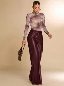 SHEIN BAE Brown PU Leather Pants, Asymmetrical Waistline Wide Leg Pants, Elegant Women Palazzo Trousers For Casual Outing, Club Wear, Chocolate - Burgundy - View 4