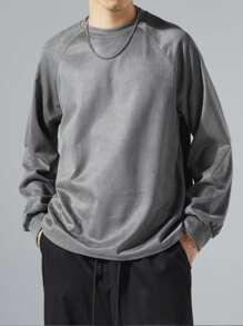 Manfinity Hypemode Men's Casual Solid Color Raglan Sleeve Pullover Sweatshirt, Autumn/Winter - Grey - View 3