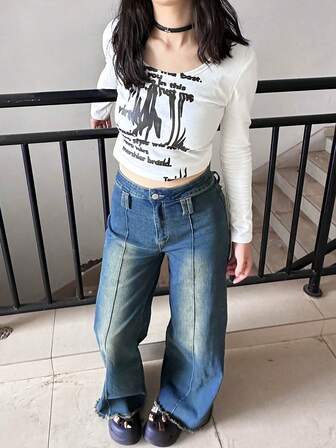 Women's Vintage Wide Leg Raw Edge Ultra Loose Drag Jeans With Pocket Design Belt Loop