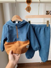 SHEIN Set de 2 piezas Chaqueta con capucha de media cremallera y hombros caídos + Pantalones de cintura elástica para niño/niña bebé, casual para uso cotidiano, adecuado para el otoño/invierno