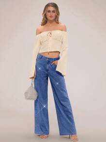 Forever 21 复古水洗散水钻细节直筒牛仔裤 春季服装 中腰牛仔裤 节日服装 夏季下装 水钻牛仔裤 - 中等水洗藍 - 查看 3