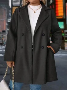 SHEIN LUNE Plus Size Solid Color Double Breasted Overcoat, Casual For Autumn/Winter - Dark Grey - View 4