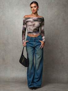 SHEIN BAE Women Tie-Dye Print Off Shoulder Long Sleeve Cropped Fashion Blouse, Autumn