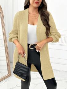SHEIN LUNE Plus Size Casual Solid Color Drop Shoulder Plus Size Cardigan, Autumn/Winter - Khaki - View 5
