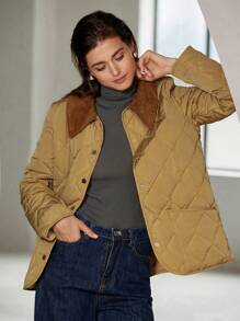 Aveloria Modichic 卡其色拼接灯芯绒立领长袖加厚棉服外套冬季百搭时尚通勤 - 卡其色 - 查看 3