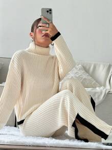 SHEIN Unity 2pcs Elegant Knitted Set: Contrast Color Trim Turtleneck Sweater And Pants - Multicolor - View 5