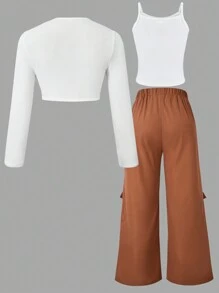 Teen Girl Casual 3-Piece Set: Solid Long Sleeve Open Front Jacket, Camisole & Cargo Pants, Autumn, Fall Outfit - Mocha Brown - View 2