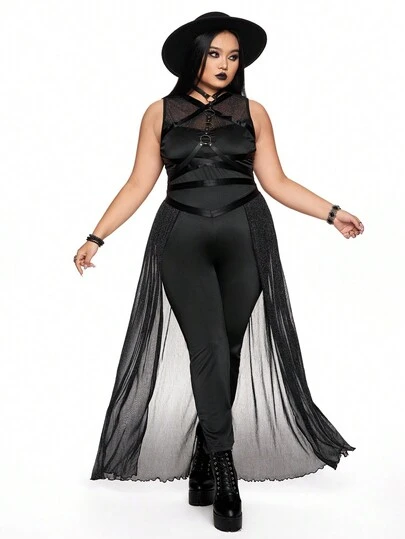 ROMWE Goth Plus Size Women Halloween Roleplay Sexy Mesh Jumpsuit