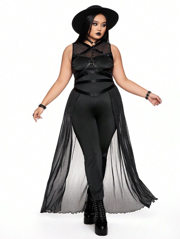 ROMWE Goth Plus Size Women Halloween Roleplay Sexy Mesh Jumpsuit