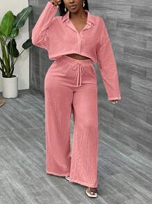 Slaydiva 2pcs/Set Casual Loose White Long Sleeve Cropped Shirt Top And Wide-Leg Long Pants