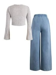 SHEIN 2pcs/Set Tween Girl/Teen Five-Pointed Star Print Denim Pants And Gray Casual Undershirt