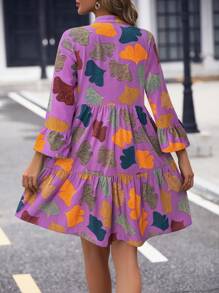SHEIN LUNE Autumn Casual Ginkgo Leaf Print Off-Shoulder Bell Sleeve Dress